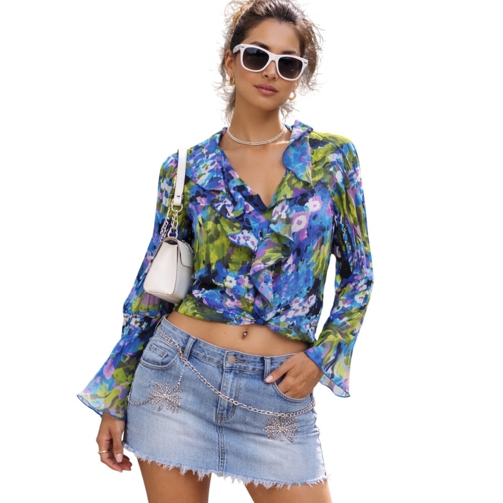 Sunny Leigh M Blue Green Floral Ruffle‎ Blouse Sheer Long Sleeve Statement Top - Picture 5 of 6